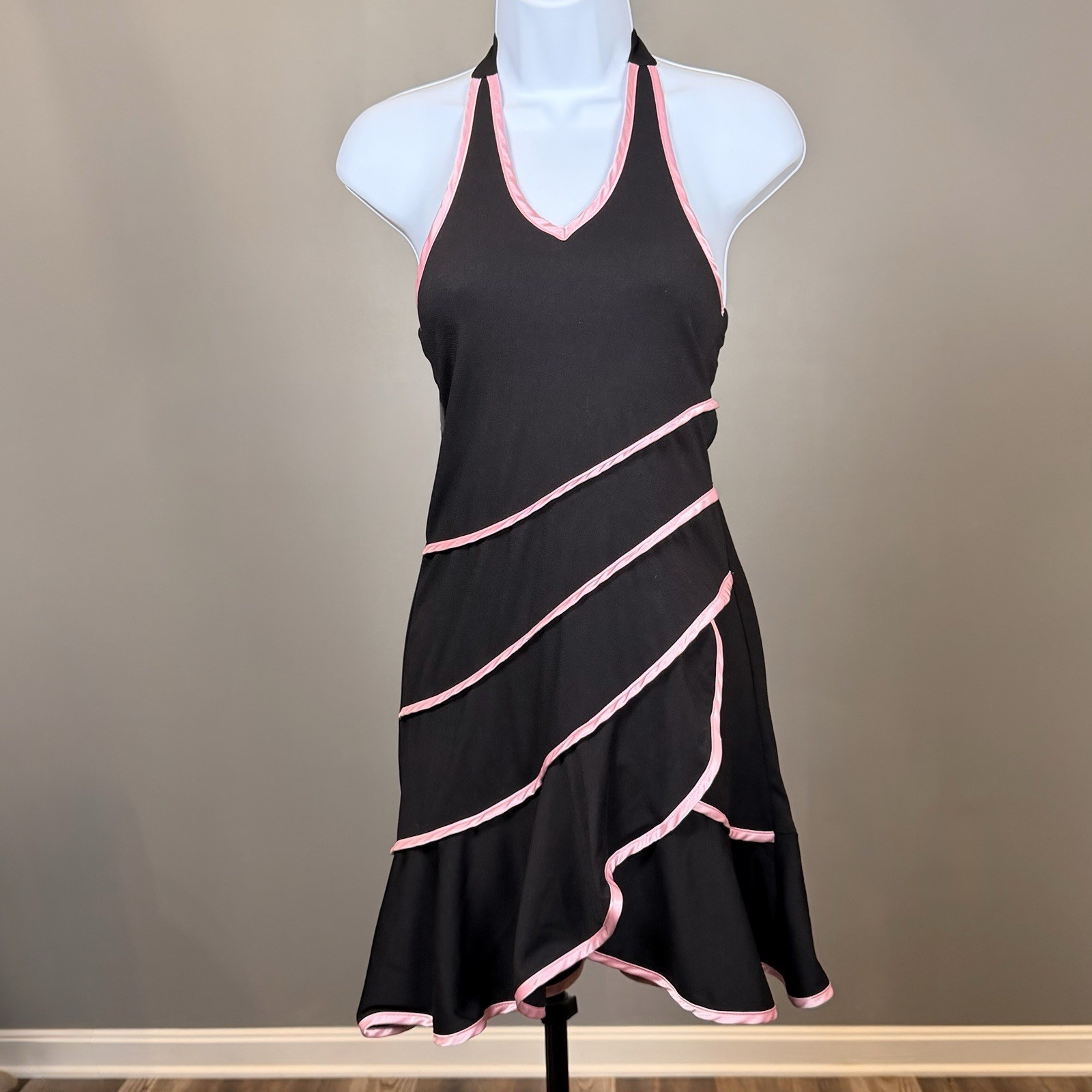 Vintage Limited Too Y2K Halter Dress Black Pink Ruffle Trim Fit Flare Size 10 XS