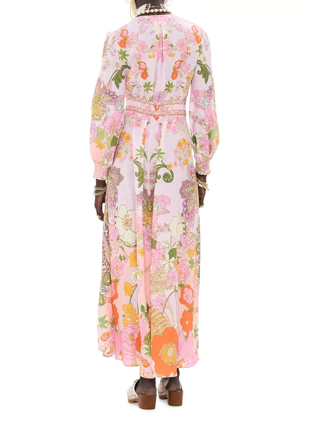 CAMILLA “Clever Clogs” Linen V-Neck Empire Waist Floral Smocked Maxi Dress, M