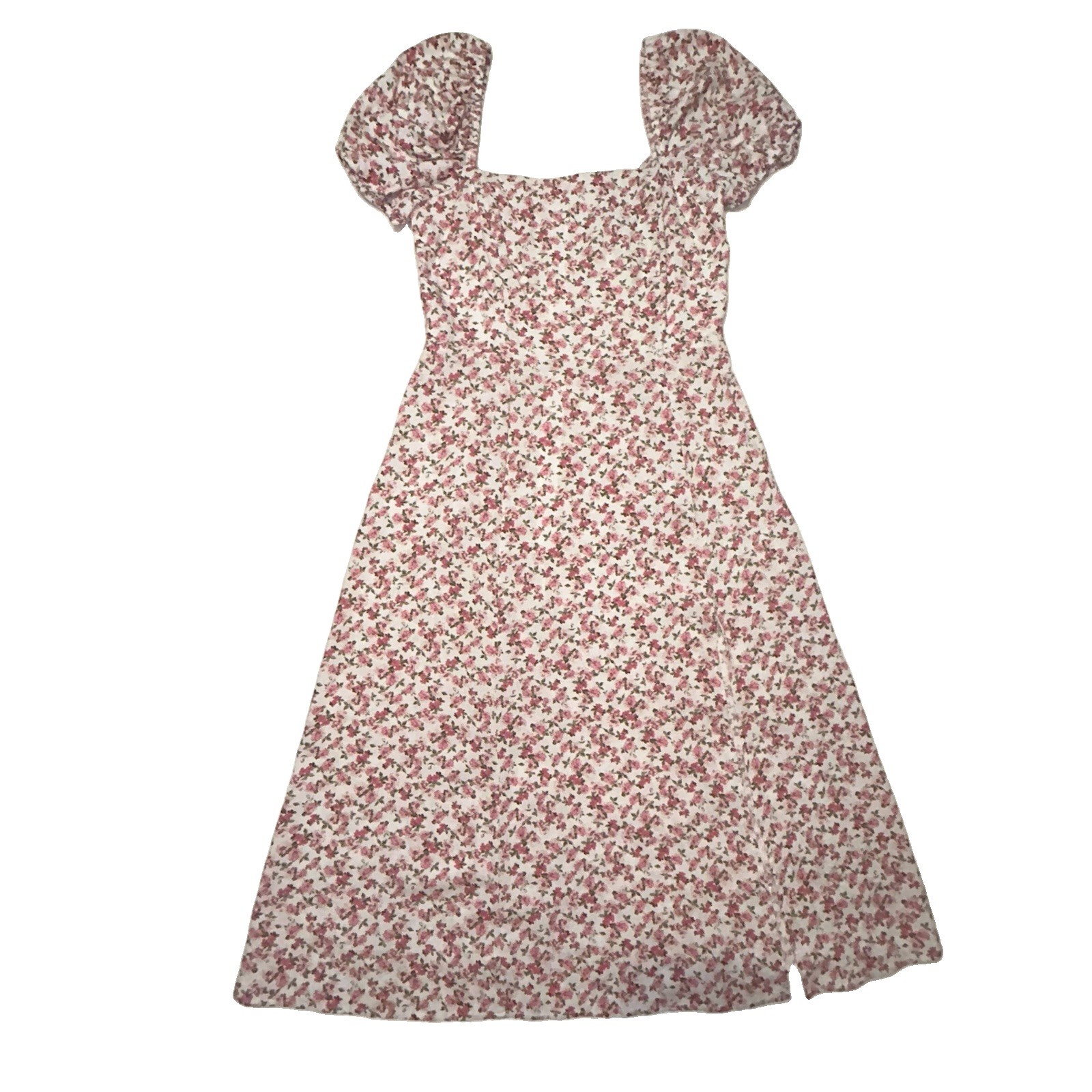Francesca’s White Pink Green Floral Smocked Puff Sleeve Square Neck Midi M (160)