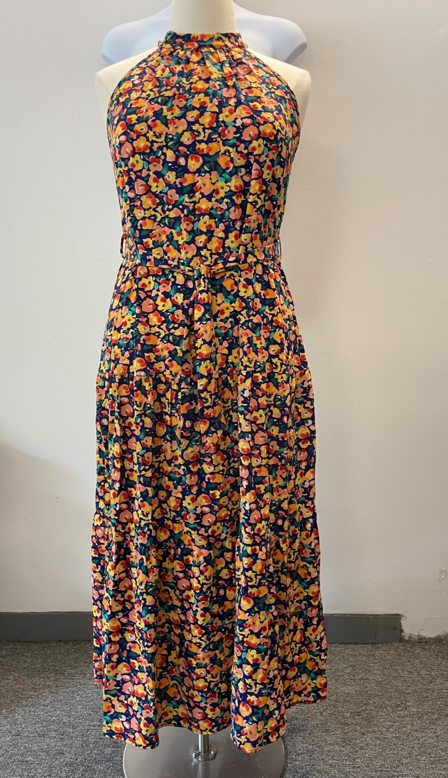 Women Floral Maxi Sun Dress Halter Neck Sleeveless Boho Flowy Belted XL