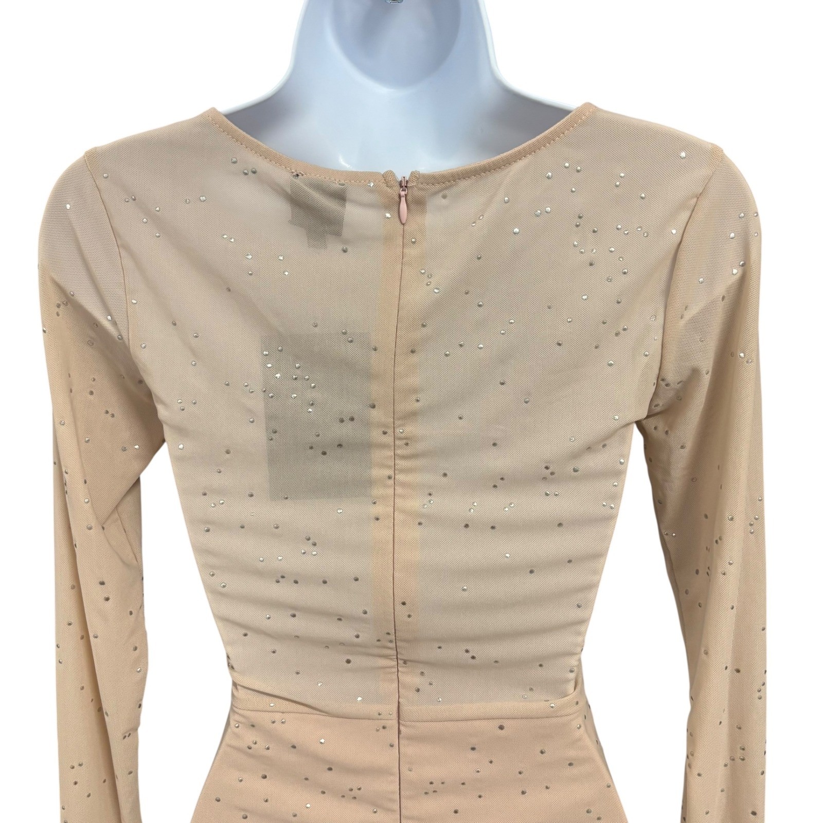 Nude Rhinestone Long Sleeve Small Mesh Mini Dress Bodycon Party Homecoming