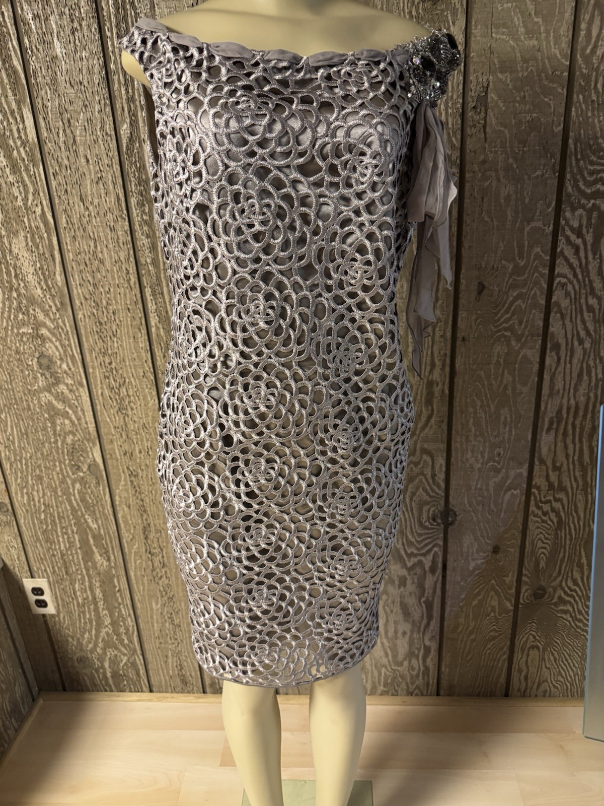 Elegant Silver Custom Hand Made Boatneck Dress Large