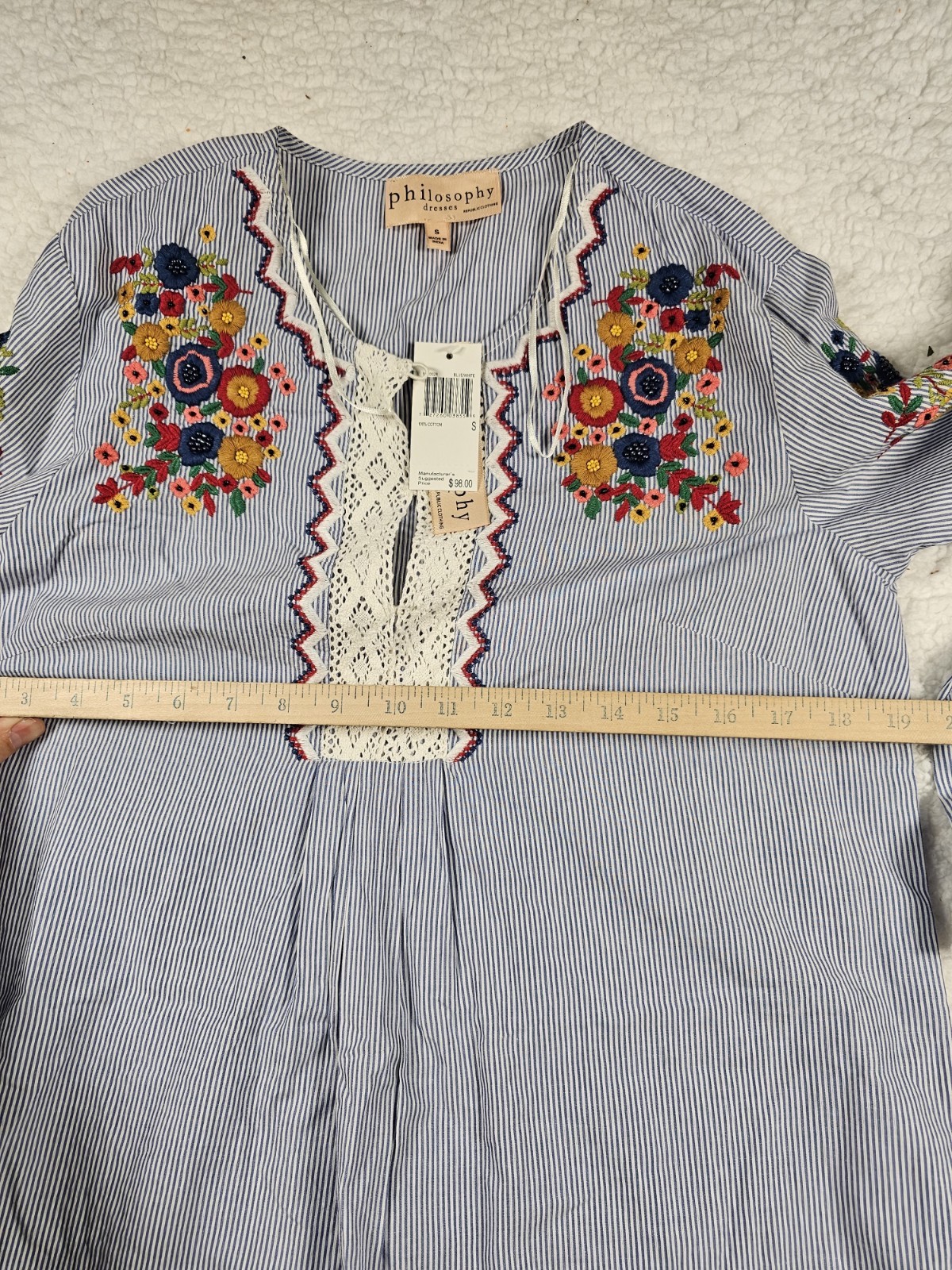 Philosophy Womens S Embroidered Boho Peasant Dress Blue White Stripe Bell NWT