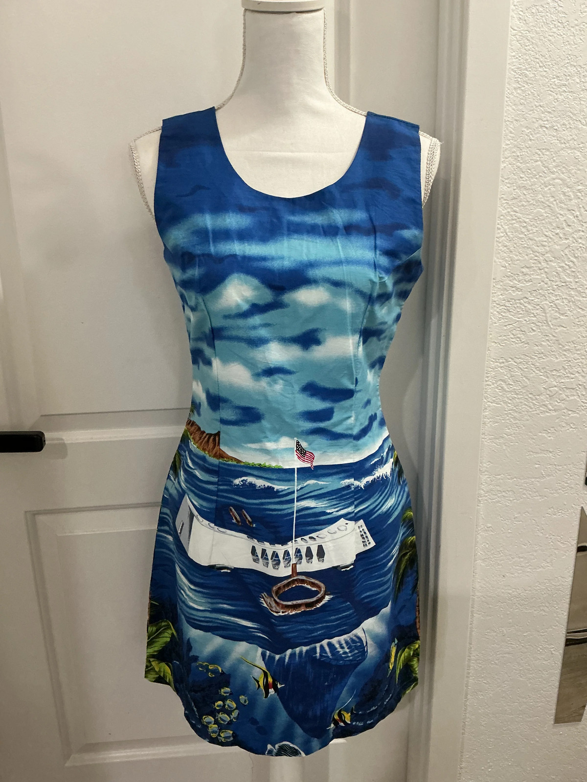 NWOT KY’s Hawaii Vintage Hawaiian Arizona Memorial Short Dress Blue S, M, L