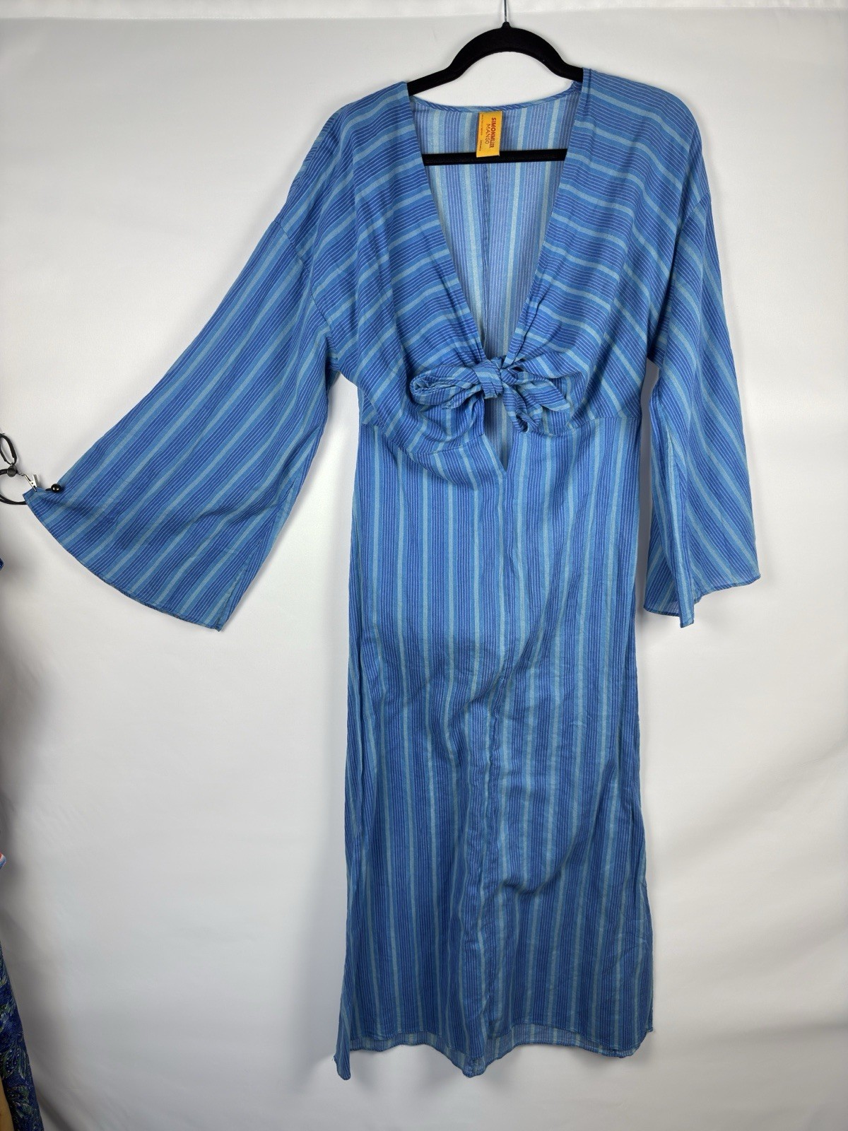 Simon Miller Dress Sz 2 Axon Knit Midi Blue Sky Bell Slv Striped Designer Size