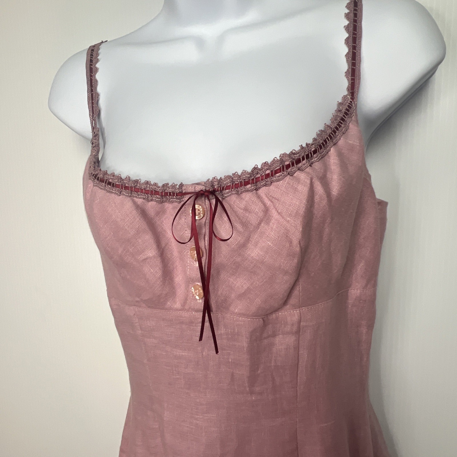 Kookai EU 36 Pink Linen Slip Dress Coquette Cottagecore Lace Trim Side Zip Y2K