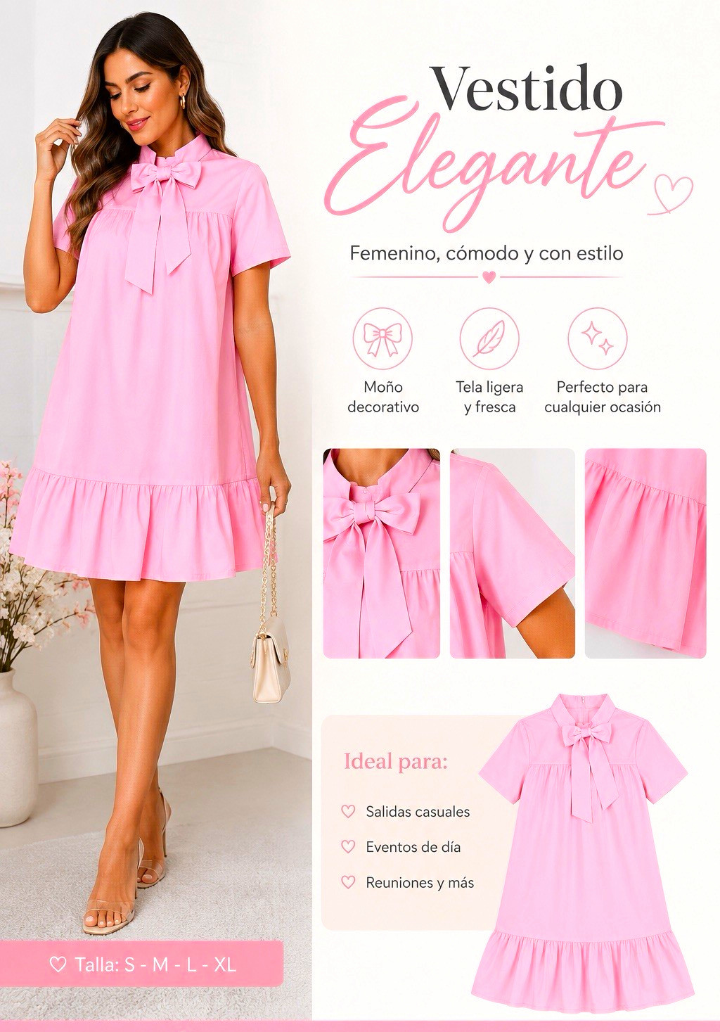 Women’s Pink Solid Collared Short Sleeve Shirt Dress Bow Tie Ruffle Hem S-XL