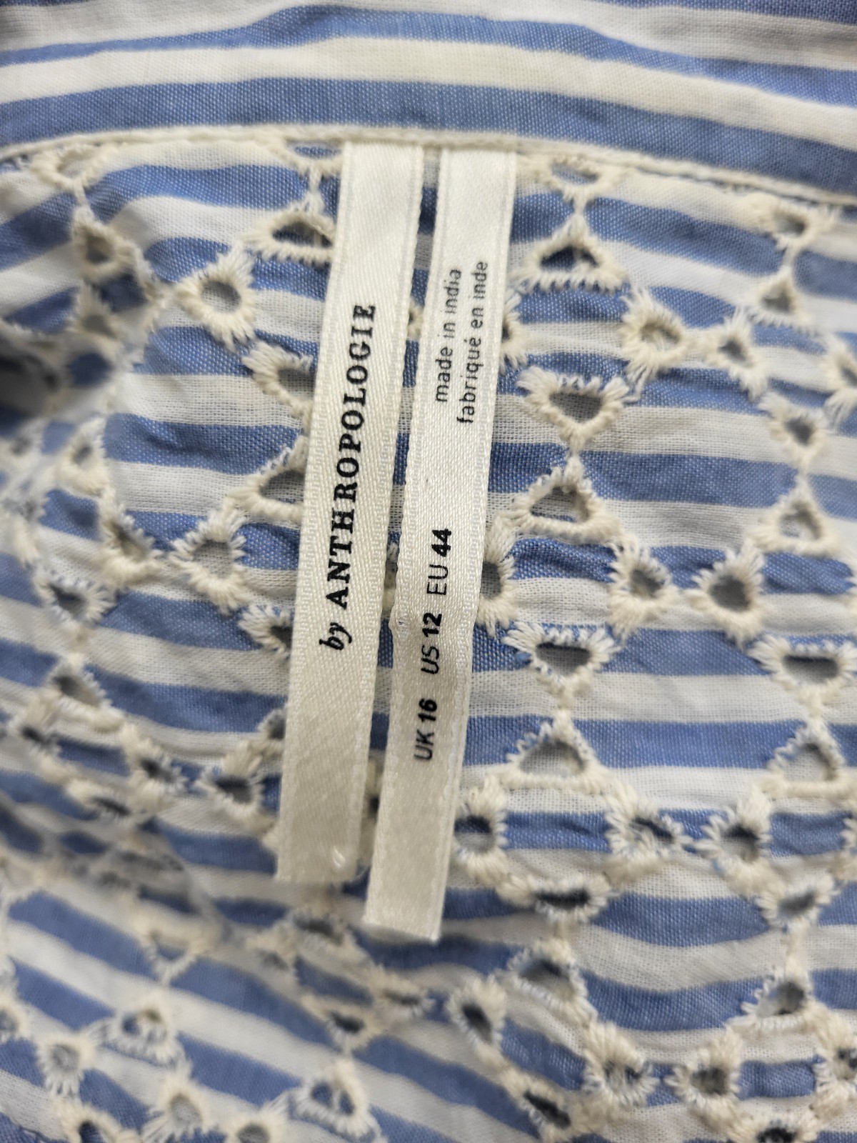 Anthropologie Stripe Sleeveless Button Embroidered Eyelet Blue White Dress Sz 12