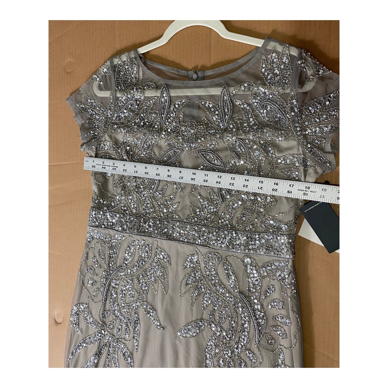 ADRIANNA PAPELL DRESS 14 SILVER SEQUIN BEADED WEDDING GUEST COCKTAIL PARTY SHORT
