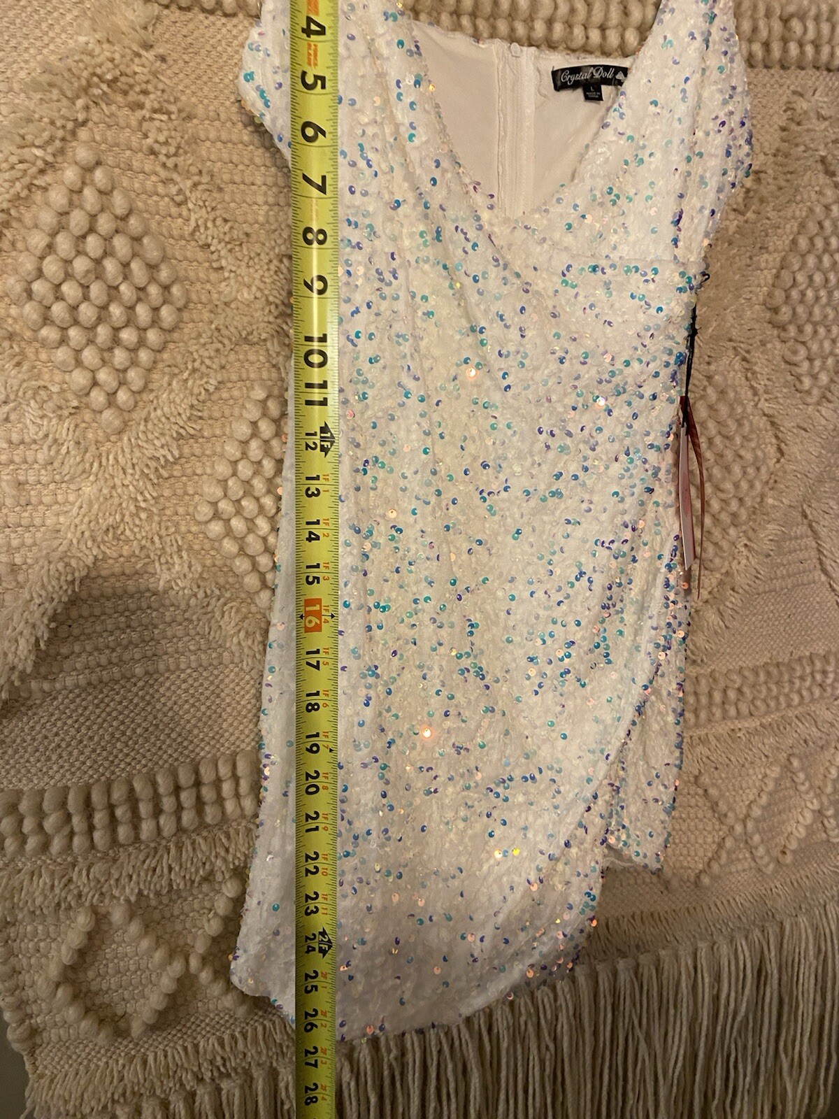 Crystal Doll White Sequence Crystal Party Mini Dress Short Size: Large Leg Slit
