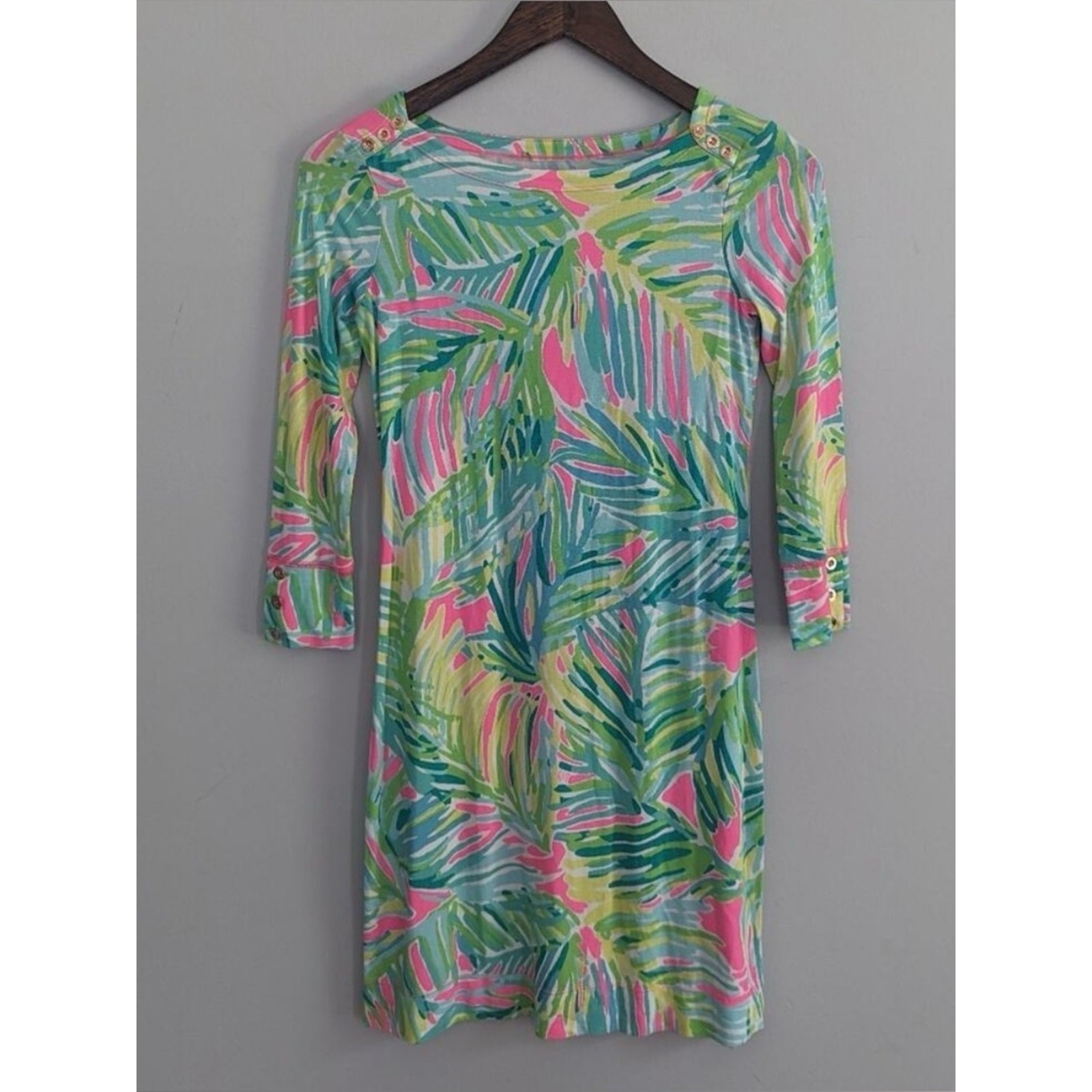 Lilly Pulitzer XXS Tropical Palm Print Shift Dress Gold Button 3/4 Sleeve