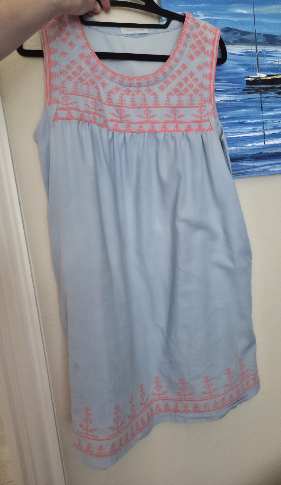 Newbury Kuston Women’s Dress Blue With Pink Embroidery Size M COTTON +POLY BLEND