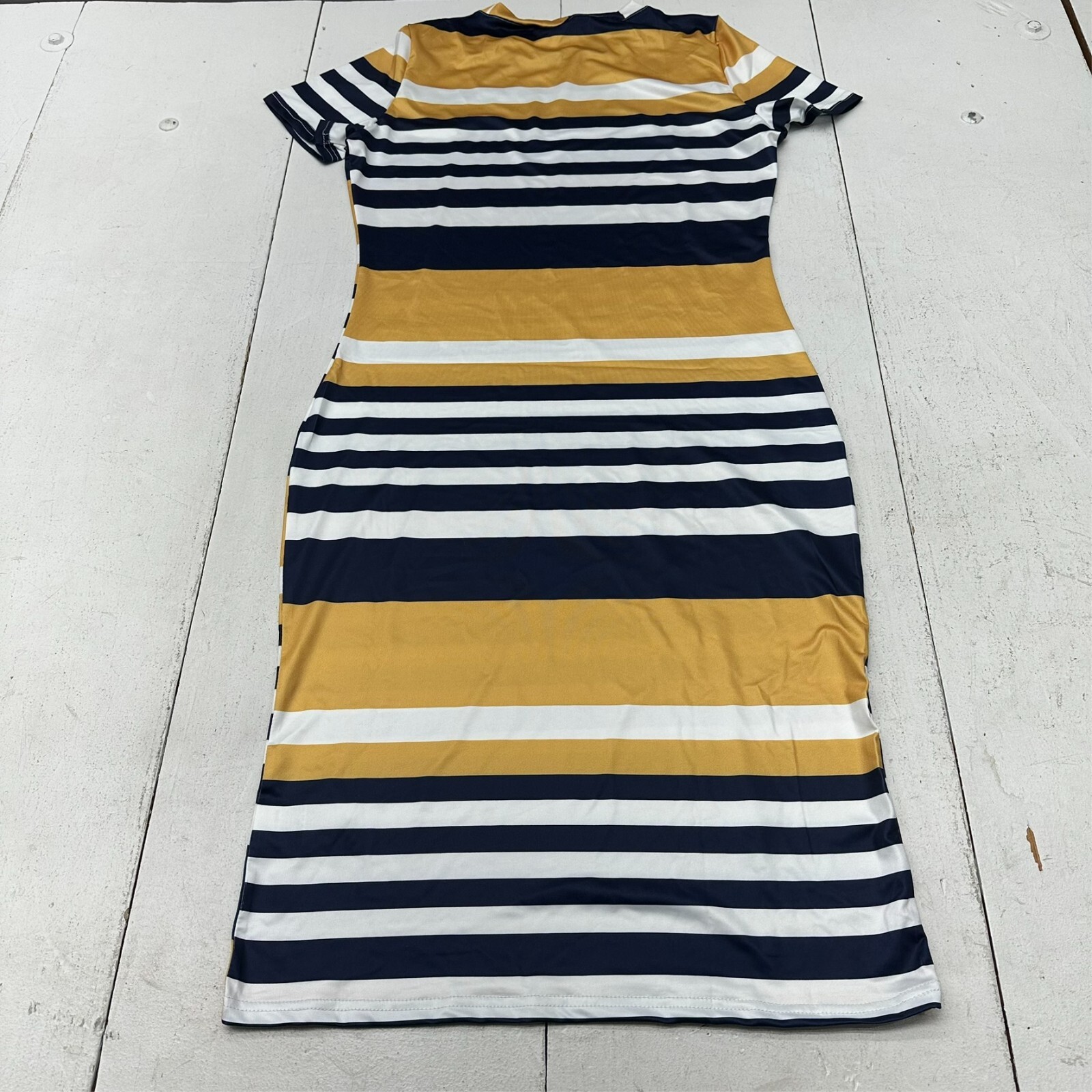 Yellow Blue White Stripe Print Short Sleeve Crew Neck Long Dress Womens Size L