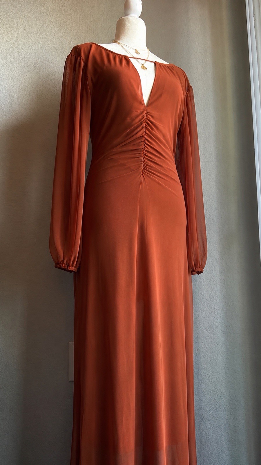 Acoa Rust Burnt Orange Mesh Sleeve Ruched Maxi Dress Open Back Size Small