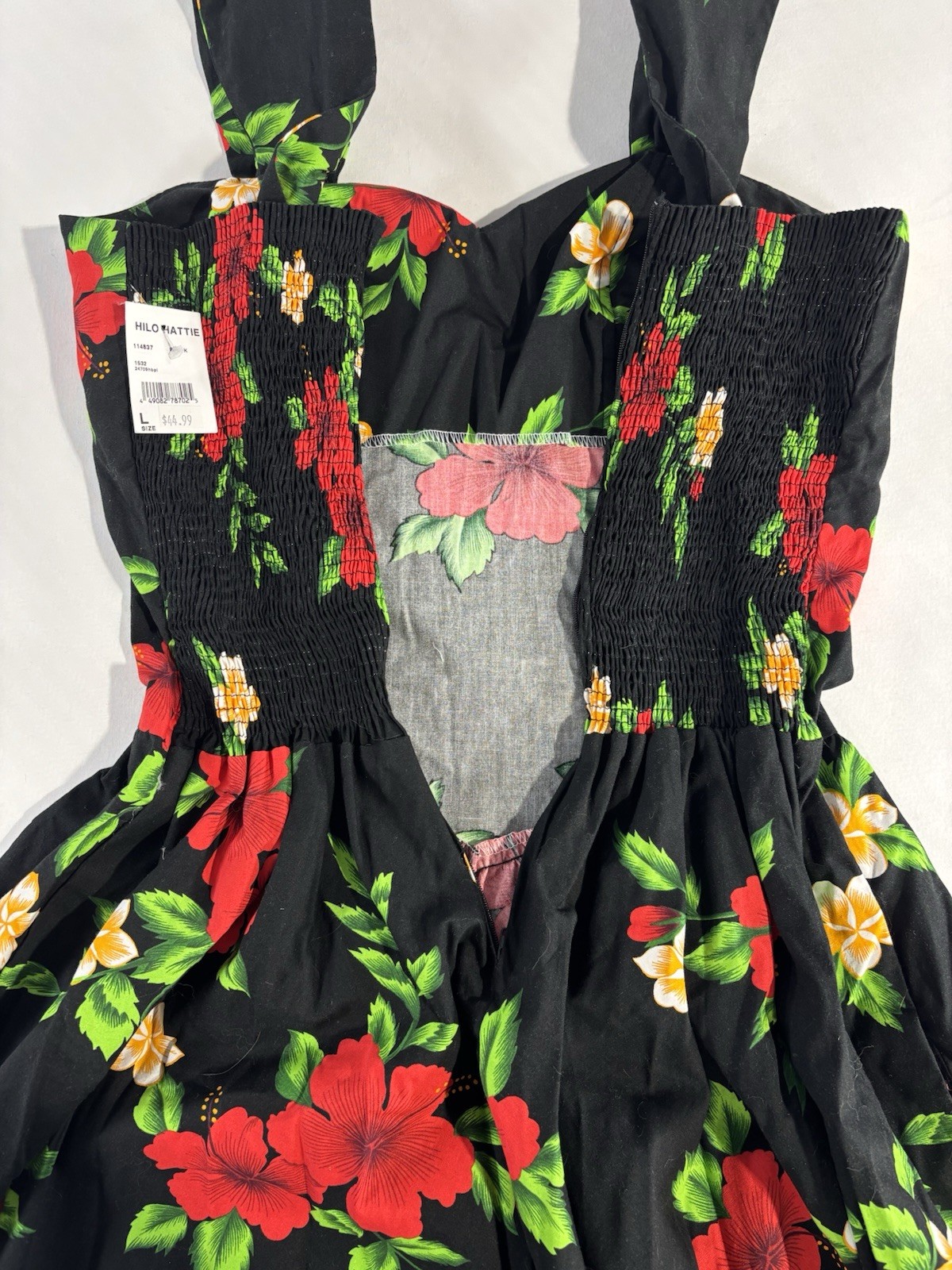 Royal Creations Hawaiian Black Smocked Halter Sundress Size L Floral Hibiscus