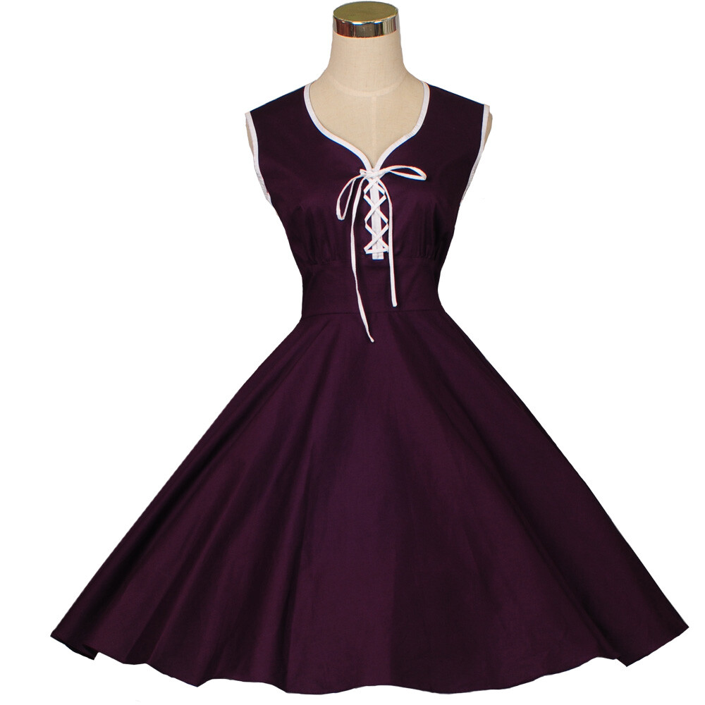 Purple 50s 60s Style Vintage Rockabilly Retro TEA Dress Party Dresses Cotton