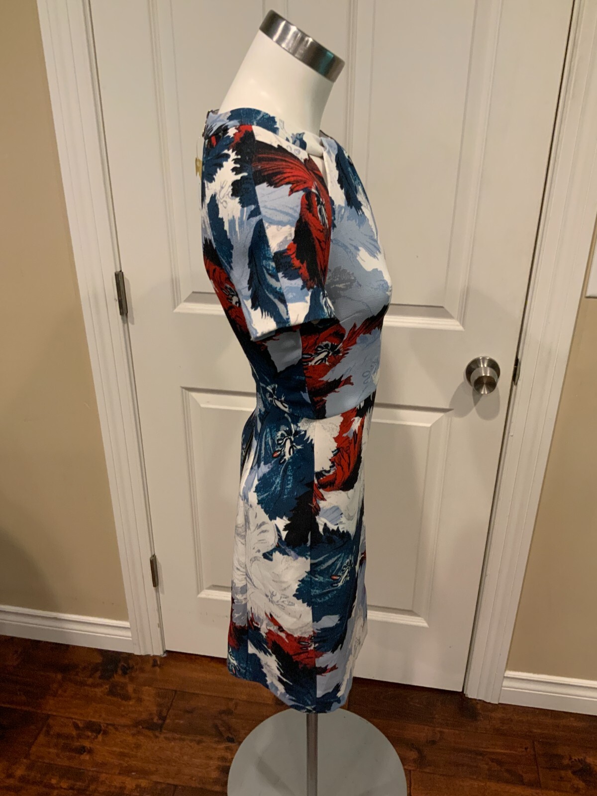 Erdem White, Blue & Red Floral Short Sleeve Cutout Sheath Dress, Size 0