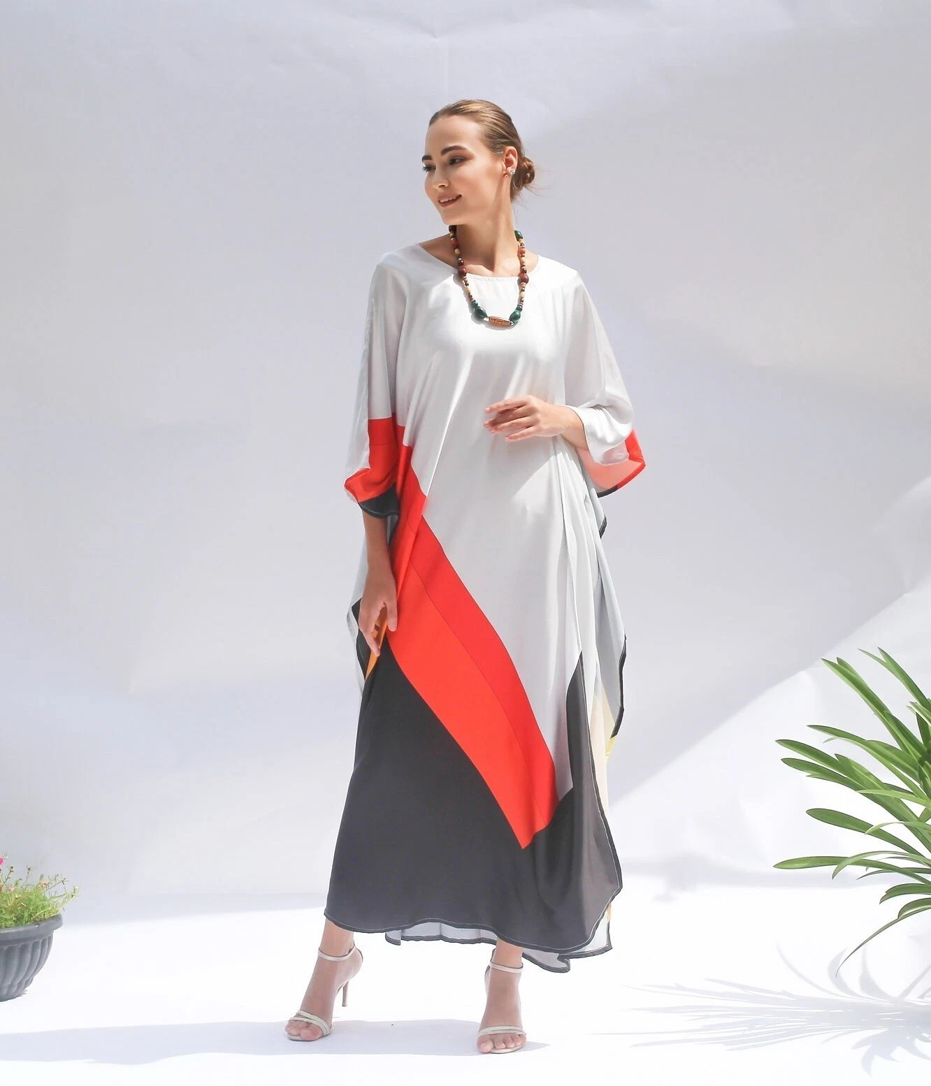 Soft Satin Silk Geometric Harmony Luxe Kaftan, Long Kaftan, Beach Wear, J5846