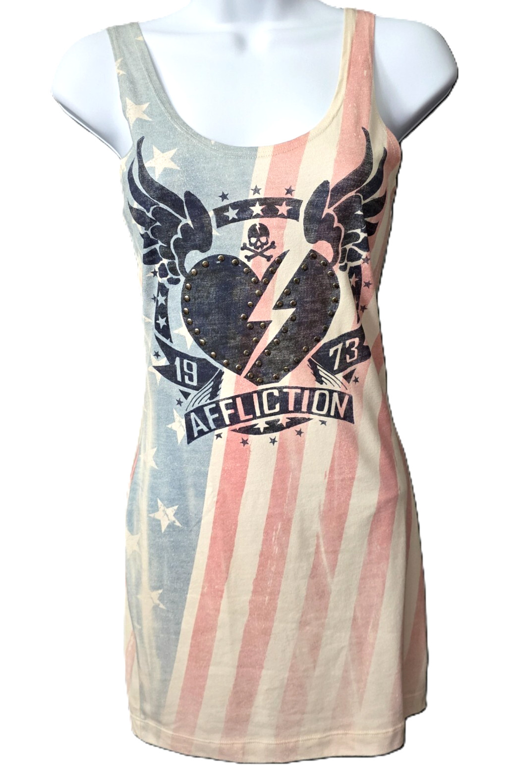 Affliction Heart Breaker Tank Dress S Stretch Studs Patriotic USA Flag MMA Style