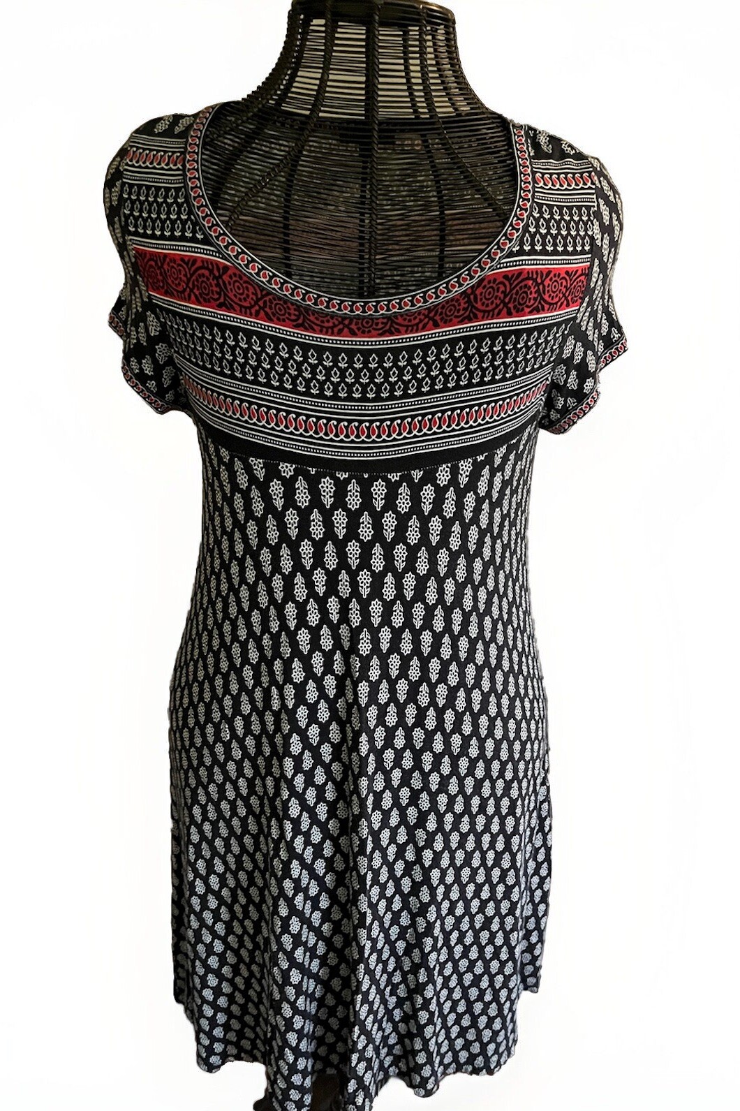 MAX EDITION Navy Blue Geometric / Floral Long Dress Short Sleeve Sz. SP