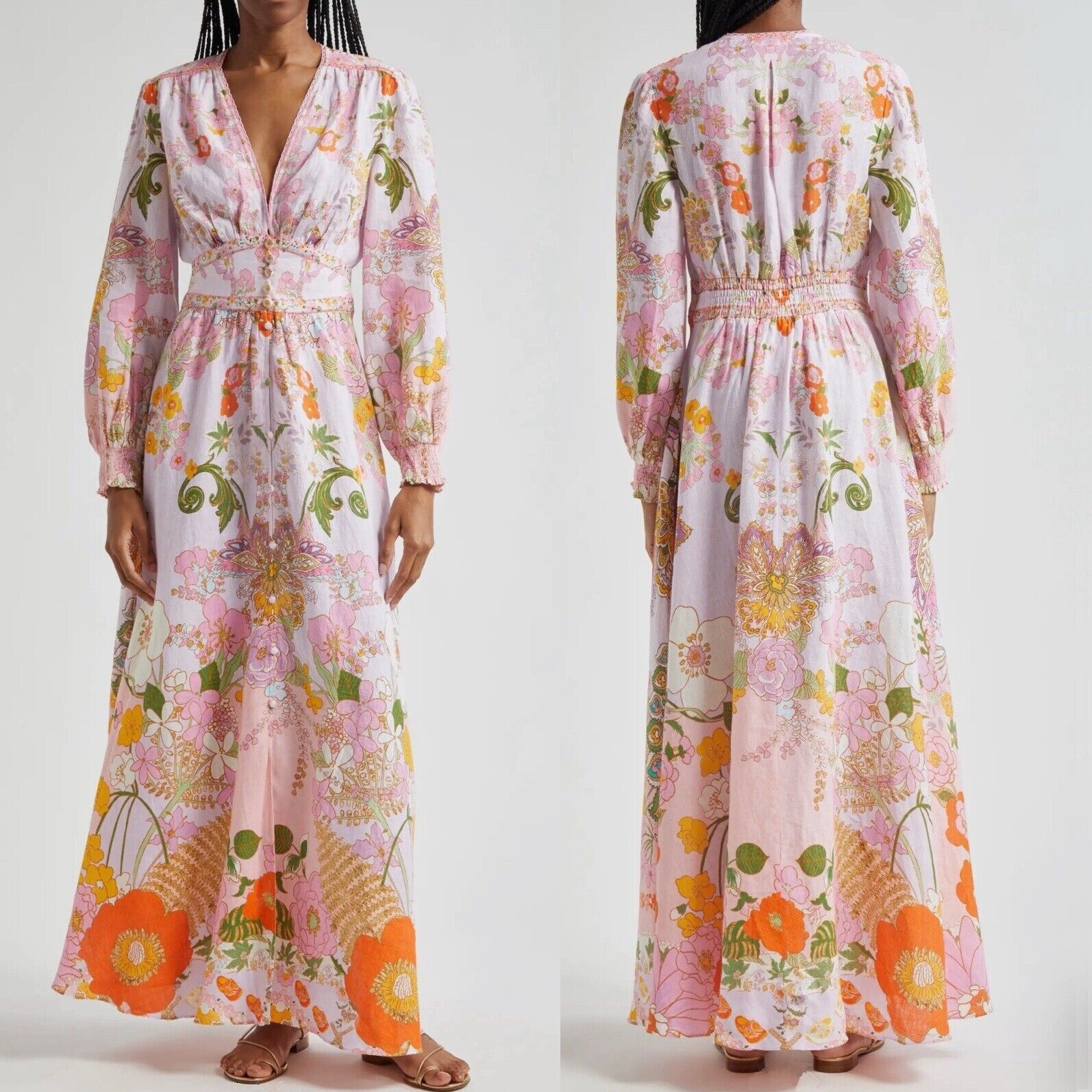 CAMILLA “Clever Clogs” Linen V-Neck Empire Waist Floral Smocked Maxi Dress, M