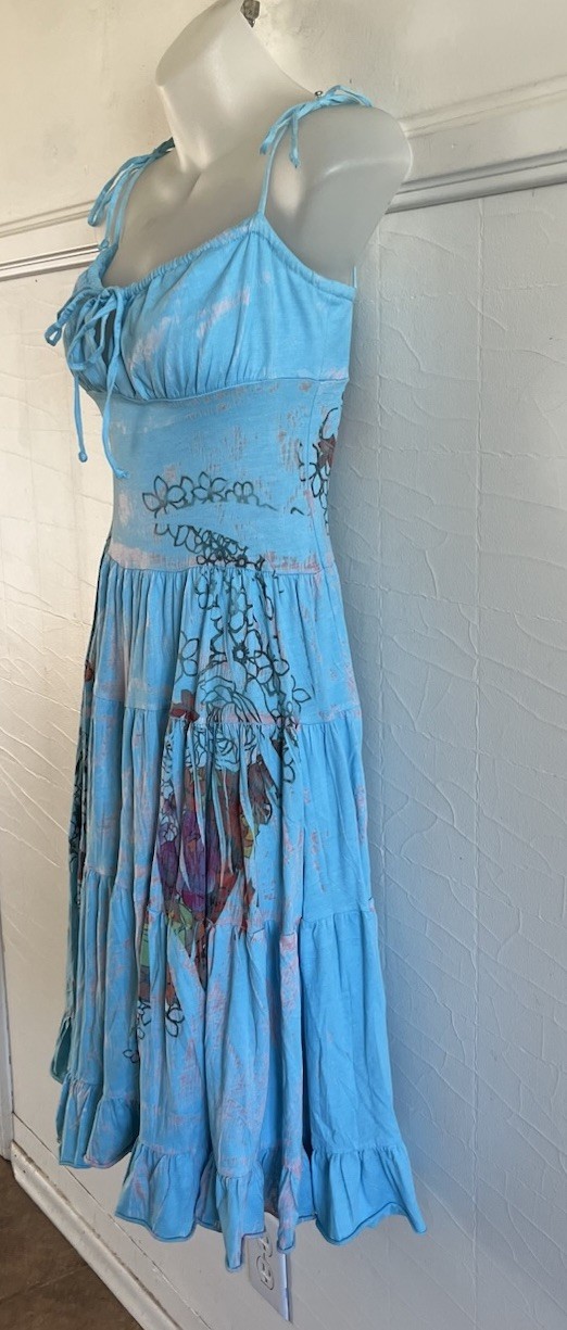 Vtg 1990s Y2K Butterfly Dropout Tiered Turquoise Tattoo Print Mini Dress-XS USA