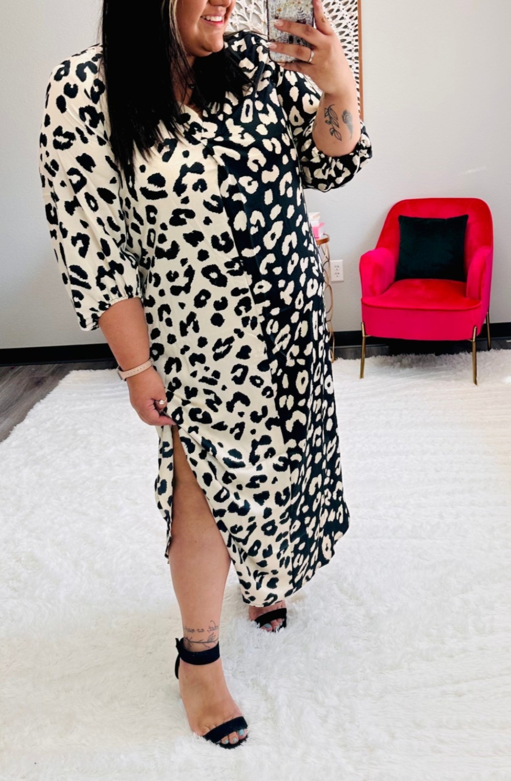 Oddi Women’s Black/Cream Colorblock Leopard V-Neck Midi Puff Sleeve Slit Sz L
