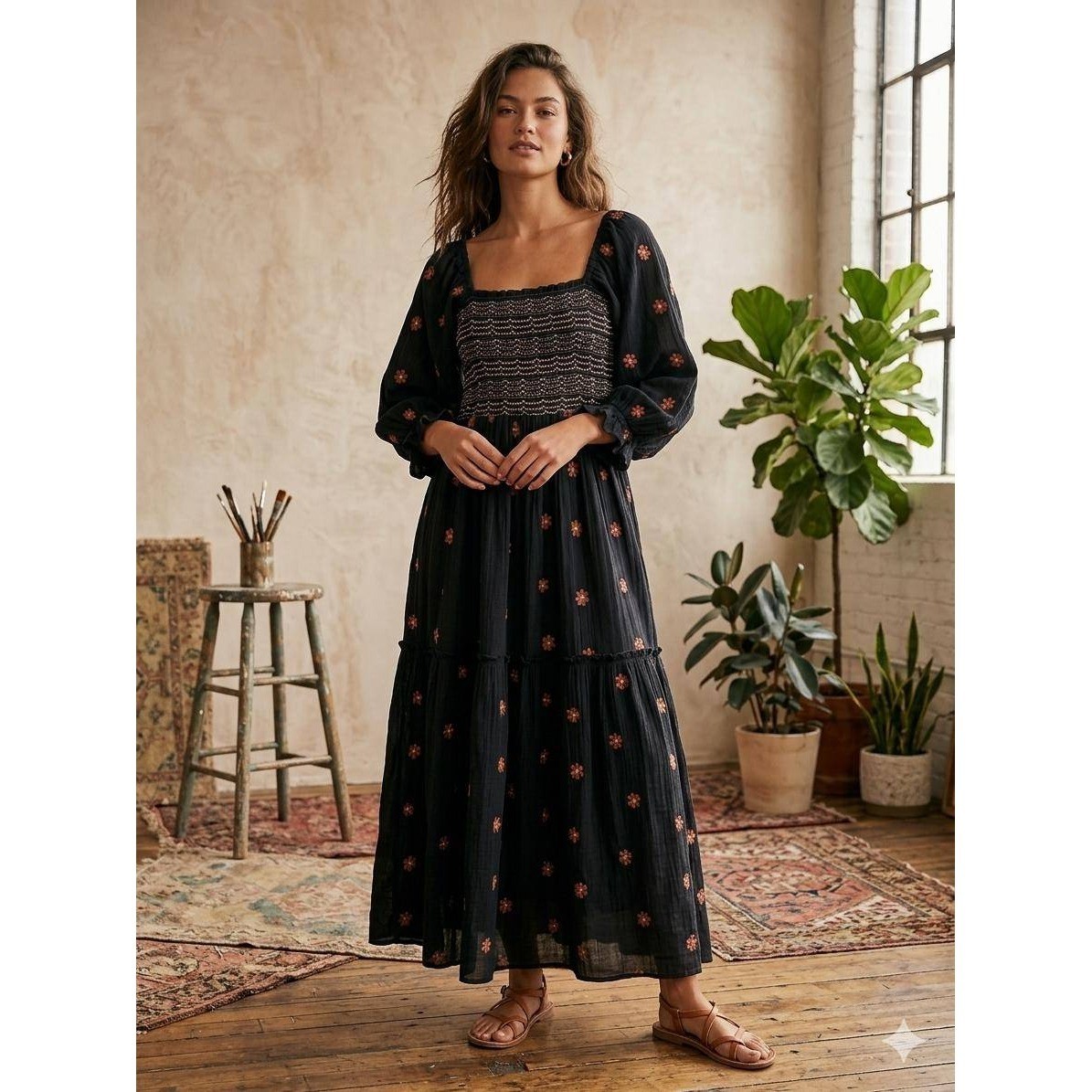 Free People Dahlia Embroidered Maxi Dress Black Combo Smocked Cotton Small NWT