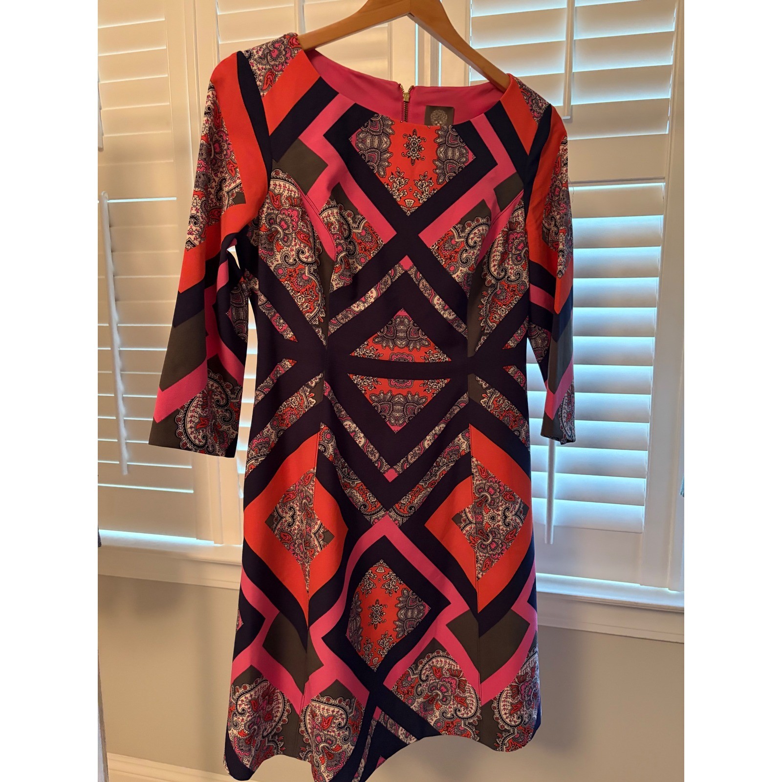 Vince Camuto Pink Orange Paisley Geometric Sheath Dress 3/4 Sleeve Size 6