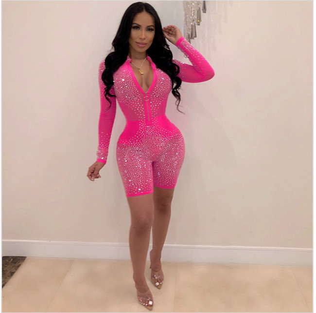 Hot drilling mesh sexy long sleeve party club Jumpsuit Romper