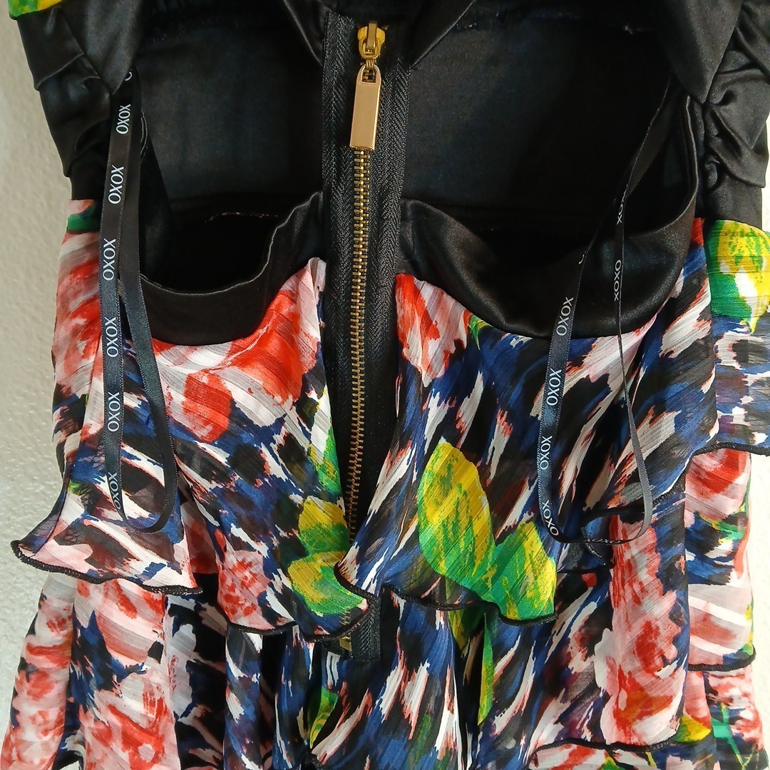 XOXO ASYMMETRICAL LAYERED RUFFLE CHIFFON PRINT THIN STRAP  DRESS 7/8