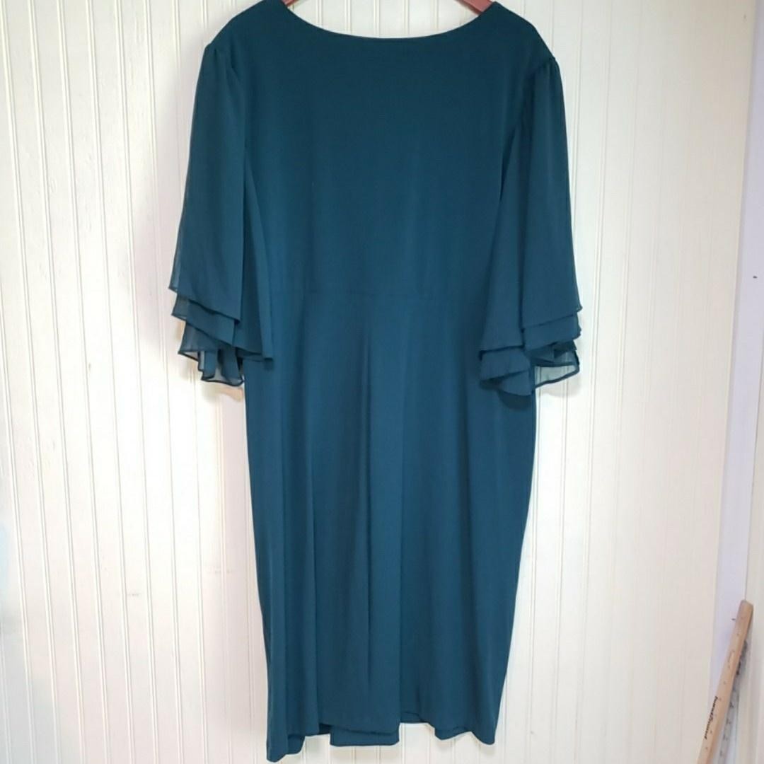 Connected Apparel Dress Womens 22W Green Chiffon Flutter Sleeve V Neck Wrap Knee