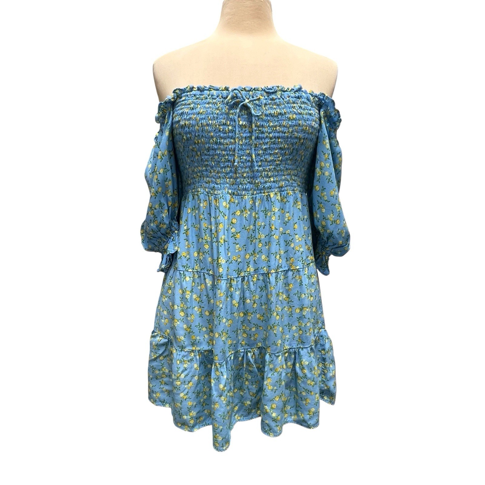 Faithfull The Brand Charlotte Mini Dress Ana Floral Print Blue Puff Sleeve 6 M