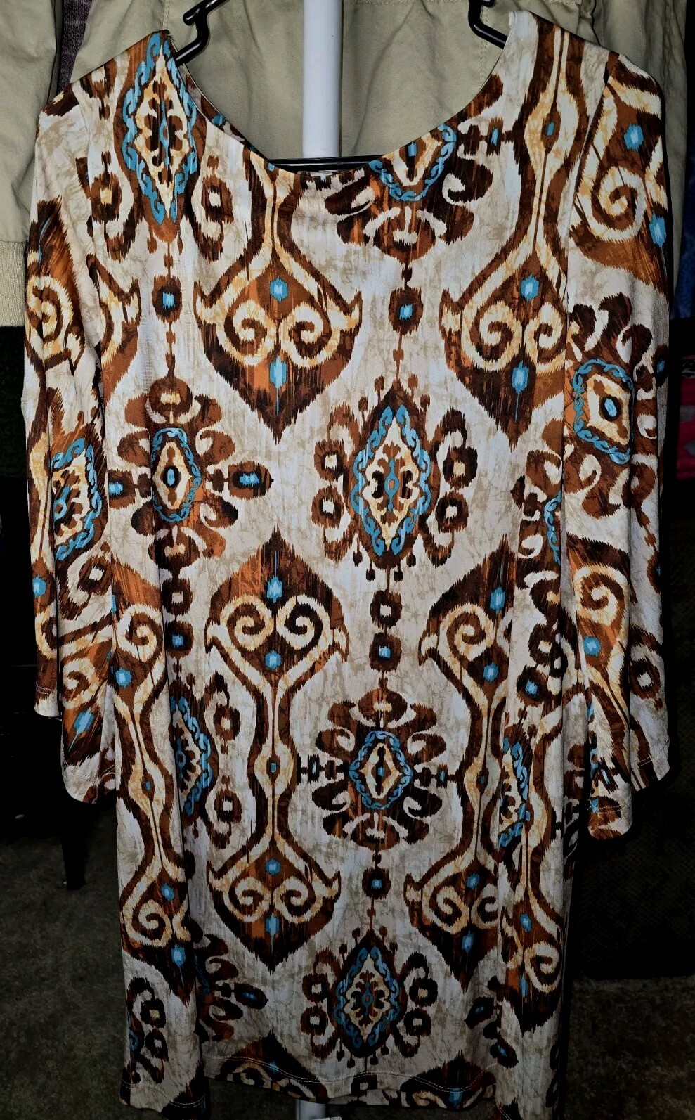 LBISSE Print Shift Dress Asymmetric Sleeve Small Silky Feel Brown Teal USA Made