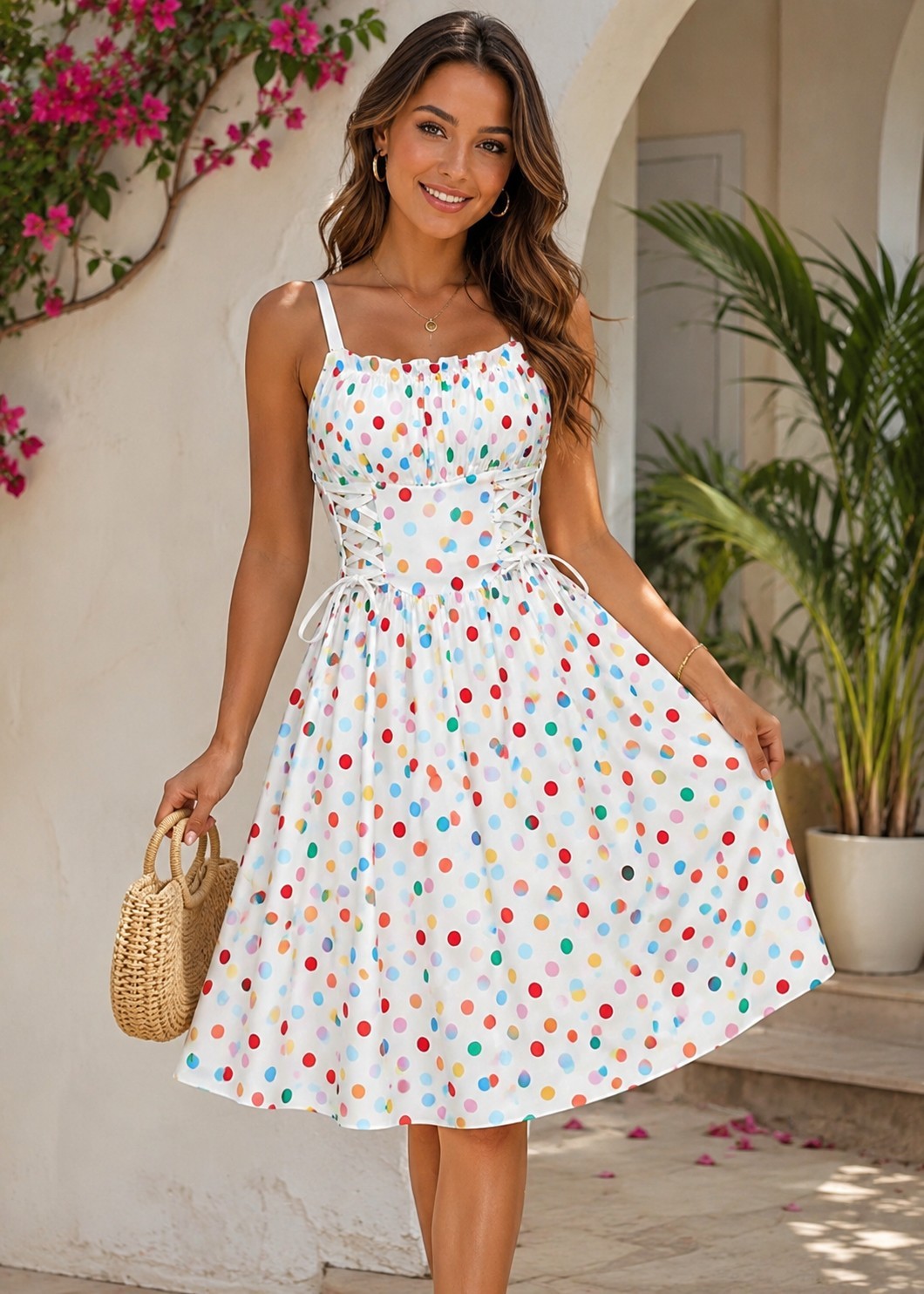 Women’s Colorful Polka Dot A-Line Sundress Spaghetti Strap Lace-Up Waist Summer