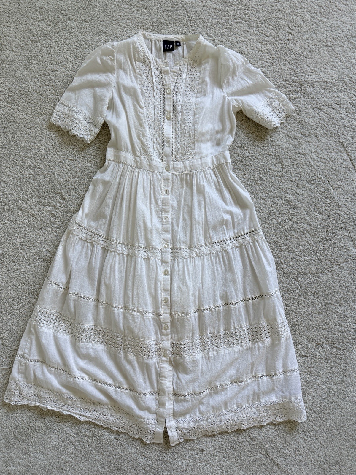 GAP Lace Trim Ivory Short Sleeve 100% Cotton Midi Dress Size XSP