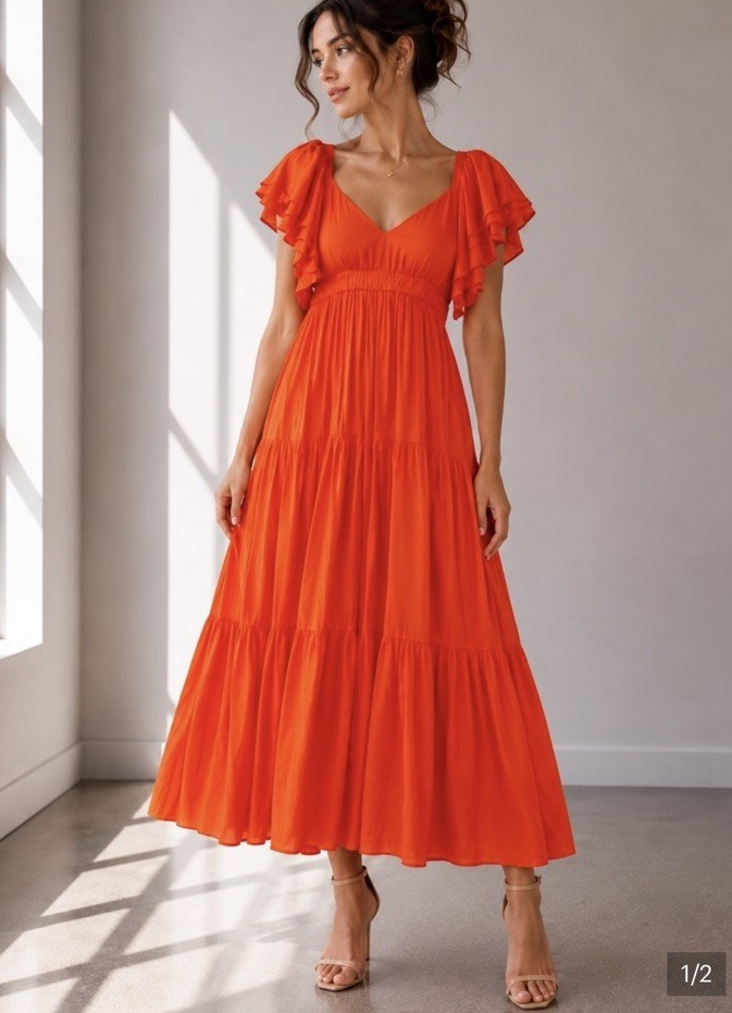 Promesa NWT Orange Open Back Tiered Maxi Dress Flutter Sleeve V Neck Medium
