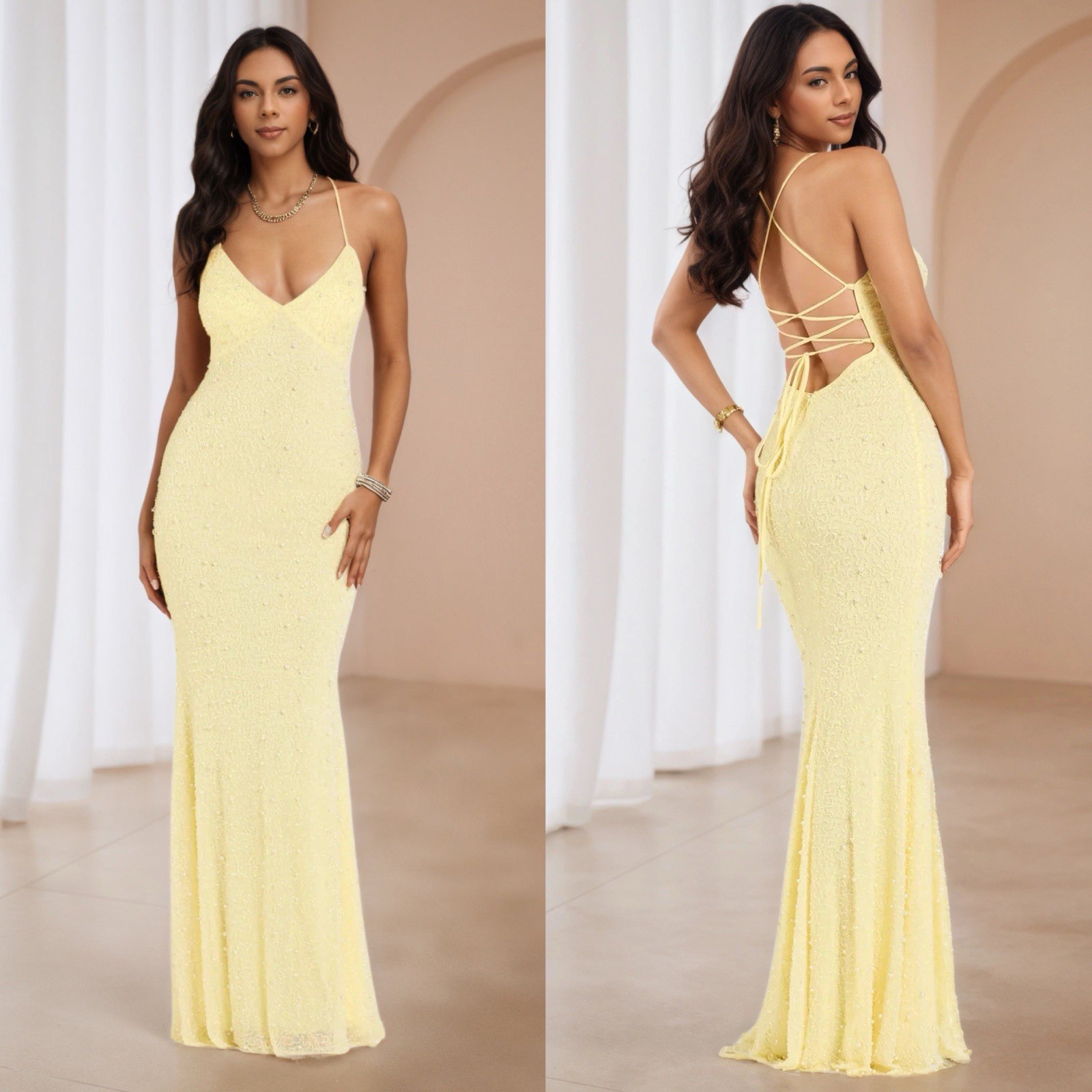 Cicinia V-Neck Daffodil Spaghetti Straps Prom Wedding Sequin Yellow Gown New
