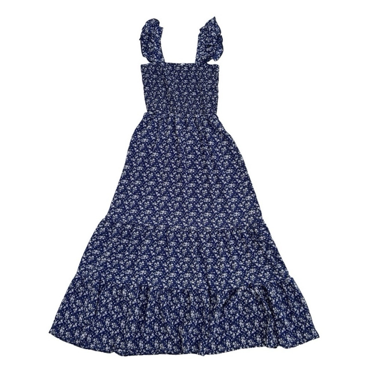 Popular 21 Navy Blue Floral Smocked Tiered Ruffle Maxi Sundress Size S