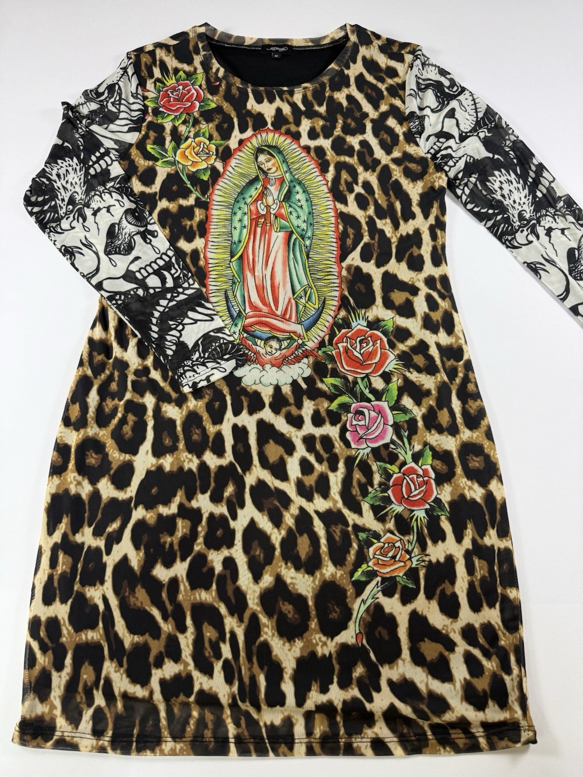 Ed Hardy 1X Leopard Bodycon Dress Virgin Mary Roses Tattoo Mesh Sleeve Plus