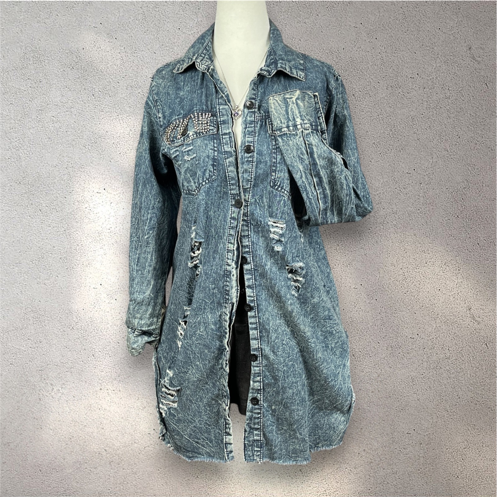 THRILL Distressed Denim Shirt Dress Women’s M Acid Wash Rhinestone Y2K Grunge