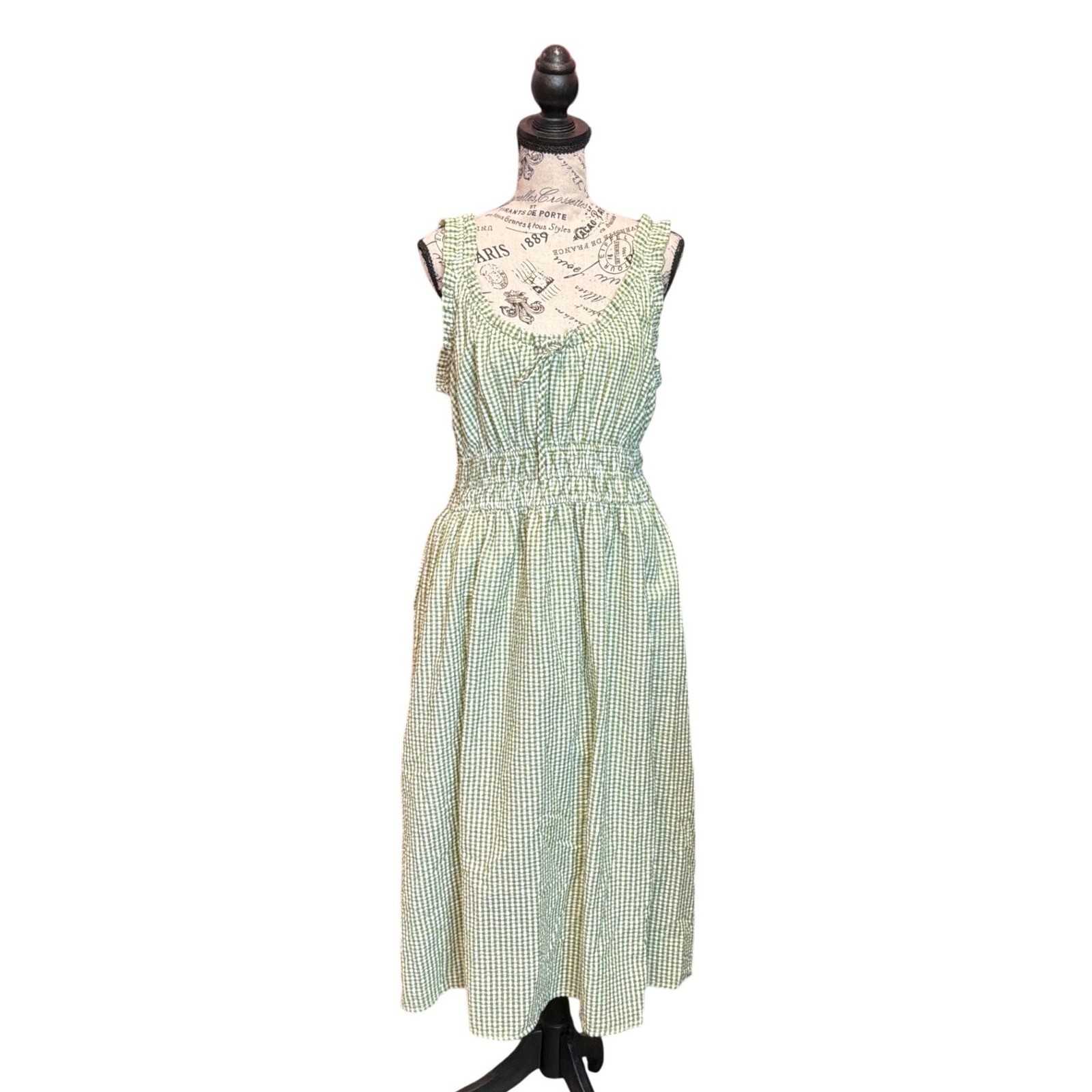LC Lauren Conrad Green Gingham Smocked Midi Dress Womens Large Tie Front Picnic