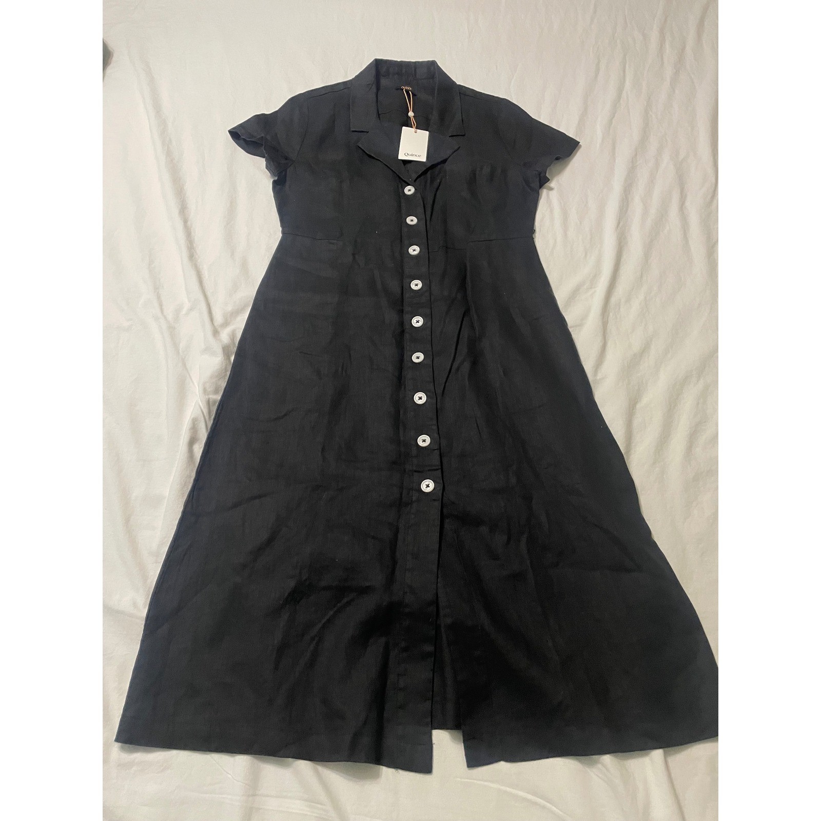 Quince Dress Womens M Black Linen Button Front Midi Short Sleeve Notch Collar