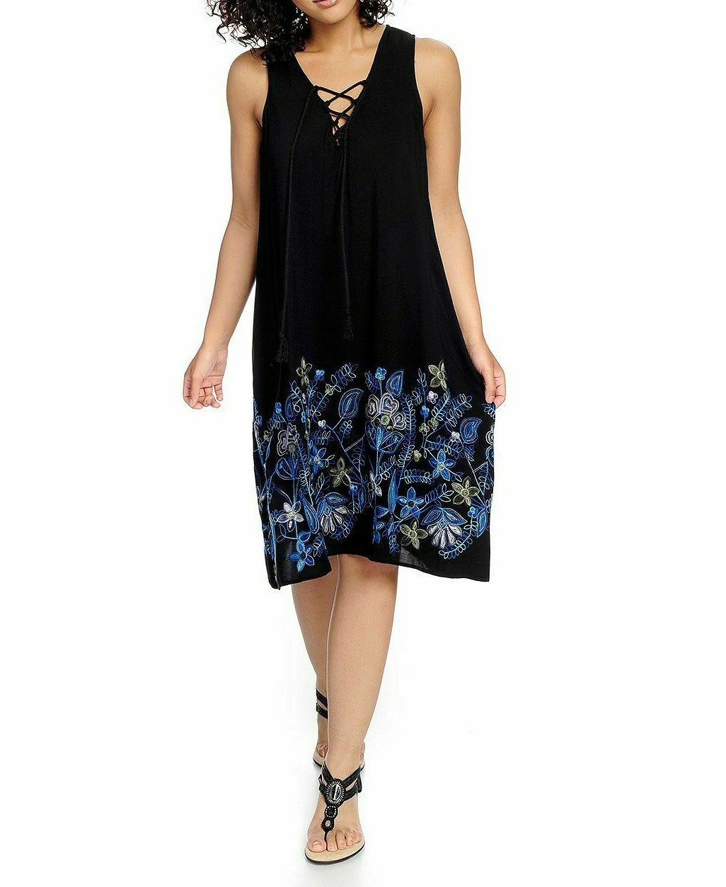 OSO Casuals Sleeveless Lace Up V-Neck Embroidered Midi A-Line Dress Size M