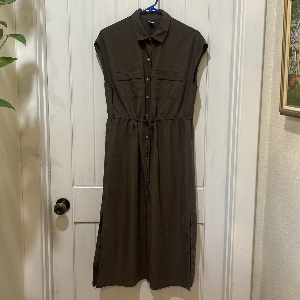 Old Navy Women’s Brown Solid Midi Shirt Dress Collared Button Front Pockets, M
