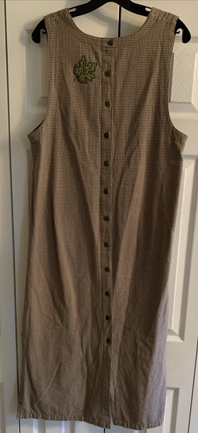 Christopher & Banks M Vtg Jumper W/Leaves Olive & Tan Check Maxi Dress