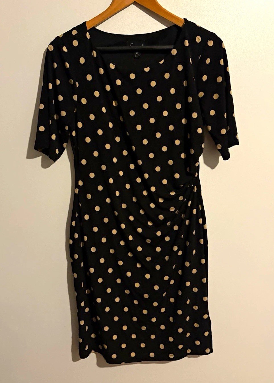 Connected Apparel, size 8 Petite, Black/Beige PolkaDot Ruched Sheath Dress