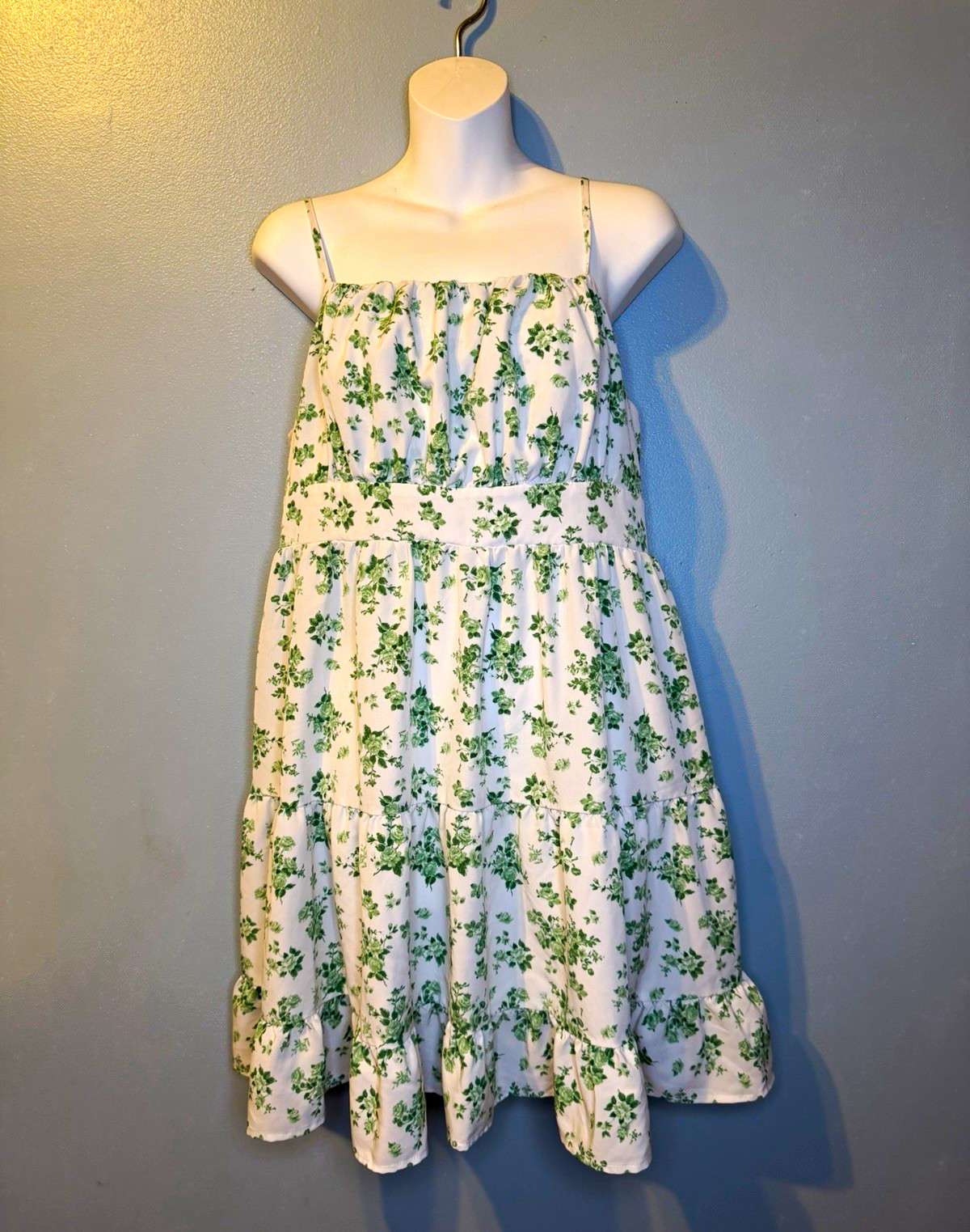 SHEIN Curve White Green Floral Square Neck Smocked A-Line Knee Dress 0XL