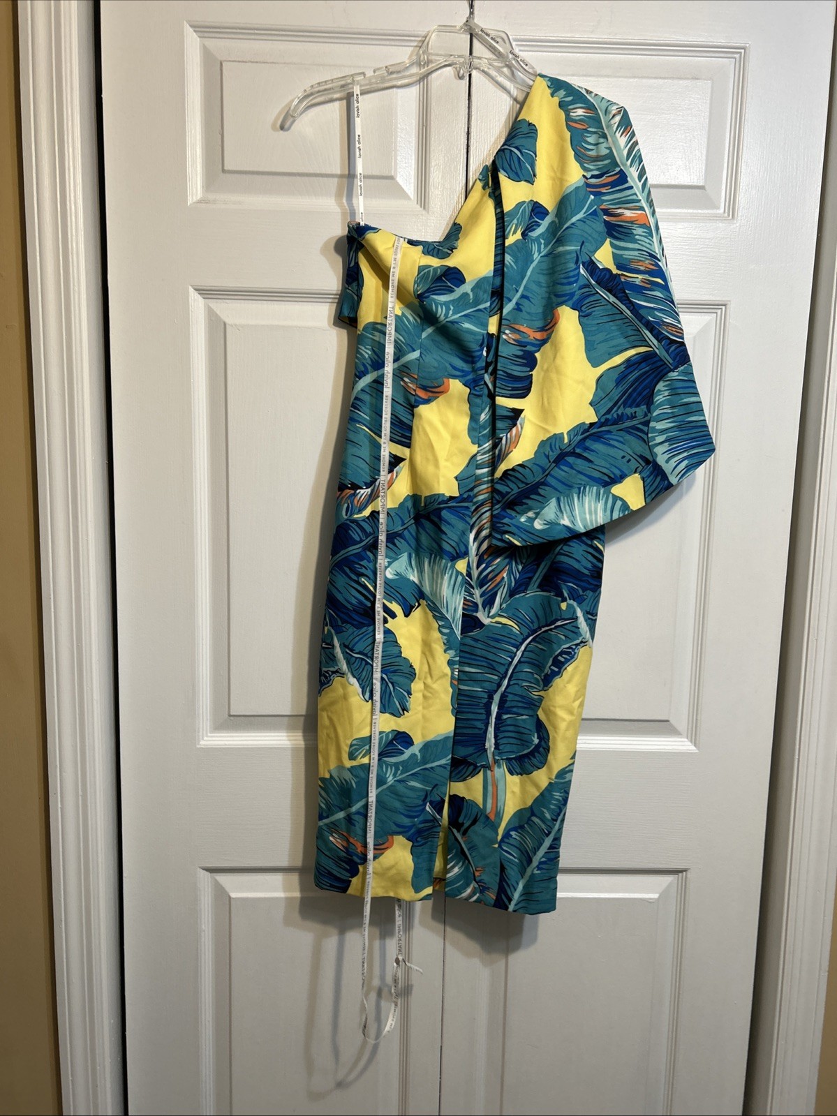 NWT *FLAW* Lavish Alice One Shoulder Cape Midi Dress Yellow Blue Palm Print Sz 4