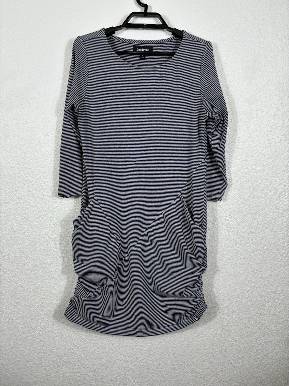 Betabrand Athletic Dress Size L Striped Ruched Sides Cotton Blend Pockets